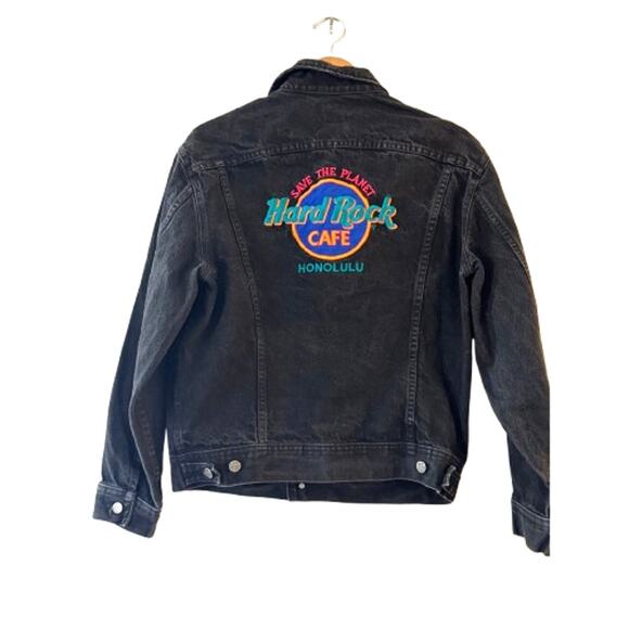 VTG Lee Men's Hard Rock Cafe Honolulu Trucker Jacket XL Black Denim Embroidered - Picture 2 of 11